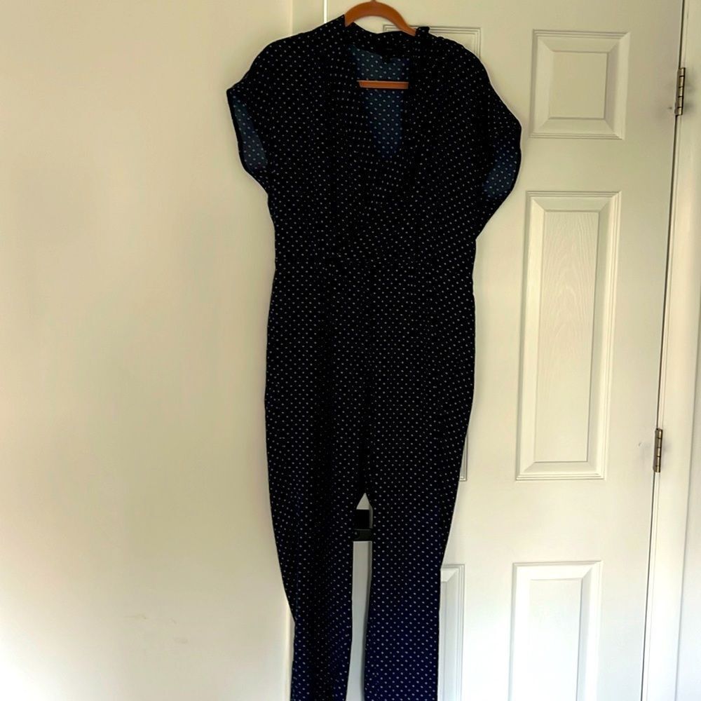 J. Crew Navy Faux Wrap Short Sleeve Polka Dot Jumpsuit Size 10